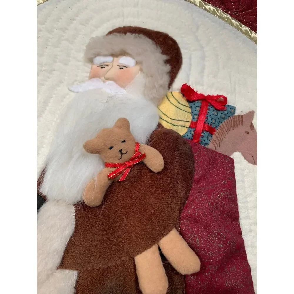 1996 Vintage Appliqué Quilted Block Old World Santa Wall Hanging With Rod 33x21
